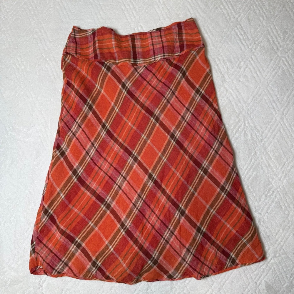 Y2K Fall Plaid Central Park Petite Linen Blend A-Line Midi Skirt 6P Orange